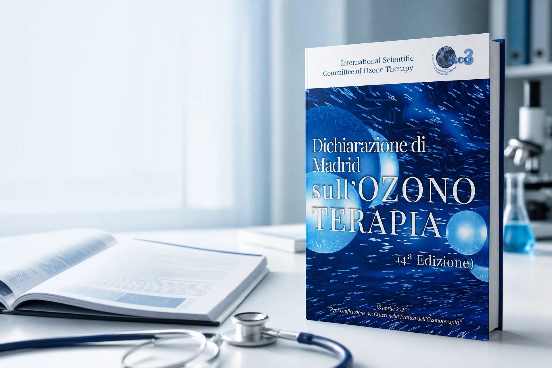 Mockup editoriale della Dichiarazione di Madrid sull’Ozonoterapia, quarta edizione 2025, versione italiana